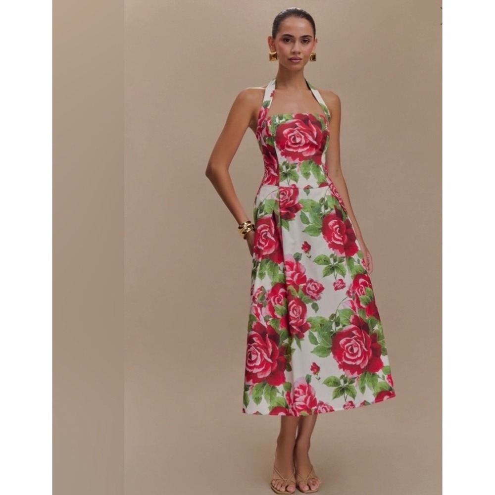 MESHKI Juana Halter Midi Dress Sonia Rose Print 100% Cotton Floral Size XS